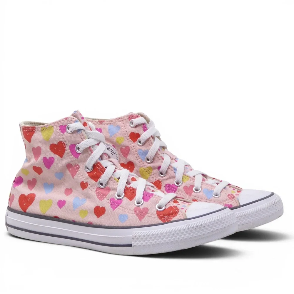 Converse Kid Junior High Top Sneakers Pink Red Heart Print Canvas Size 5.5